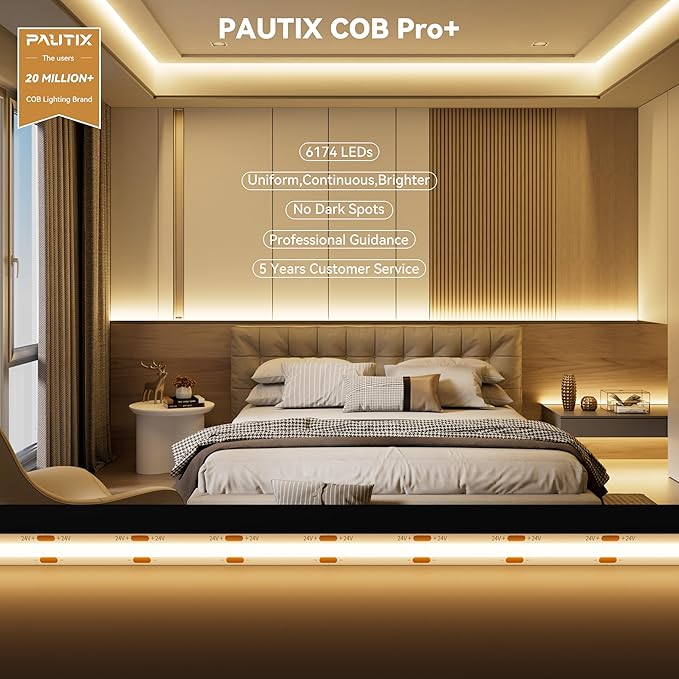 PAUTIX COB LED Strip Lights 40ft/12.2m Super Bright,504 LEDs/m Warm White 3000K CRI90+ Flexible LED Tape 24V for Cabinet Home DIY Lighting Projects with 2pcs COB Connector(Power Supply Not Included)