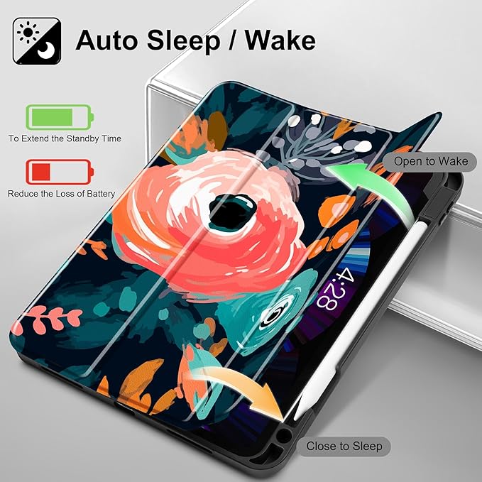 May Chen Case for iPad Pro 11 inch (4th, 3rd, 2nd & 1st Gen) 2022 2021 2020 2018, Trifold Stand + Pencil Holder + Auto Wake/Sleep + Soft TPU Protective Stand Back Cover, Bright Flowers