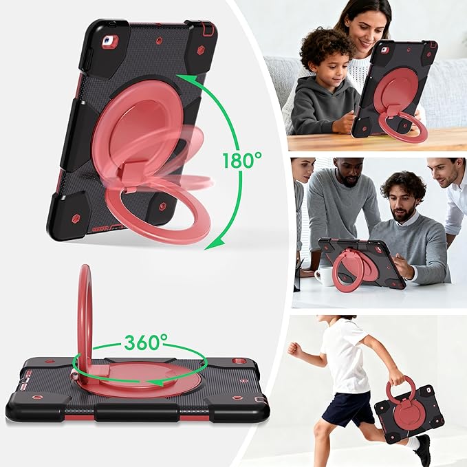Andnary Case for iPad 9th/8th/7th Generation 10.2 inch, Shockproof Cover with Screen Protector/360° Rotate Stand/Pencil Holder/Shoulder Strap, Kids Case for iPad 2021/2020/2019 (Black+Red)
