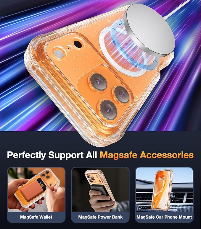 Diaclara Magnetic Designed for iPhone 17 Pro Max Case Full Body Bumper,[Compatible with MagSafe] Military Drop Proof Cover with Built-in Touch Sensitive Anti-Scratch Screen Protector, Clear Glitter