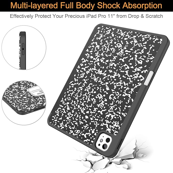 Soke Case for New iPad Pro 11 Inch (M5/M4) 5th Generation 2024-2025 with Pencil Holder - [Shockproof + Apple Pencil Charging + Auto Wake/Sleep], Soft TPU Back Cover for iPad Pro 11", Book Black