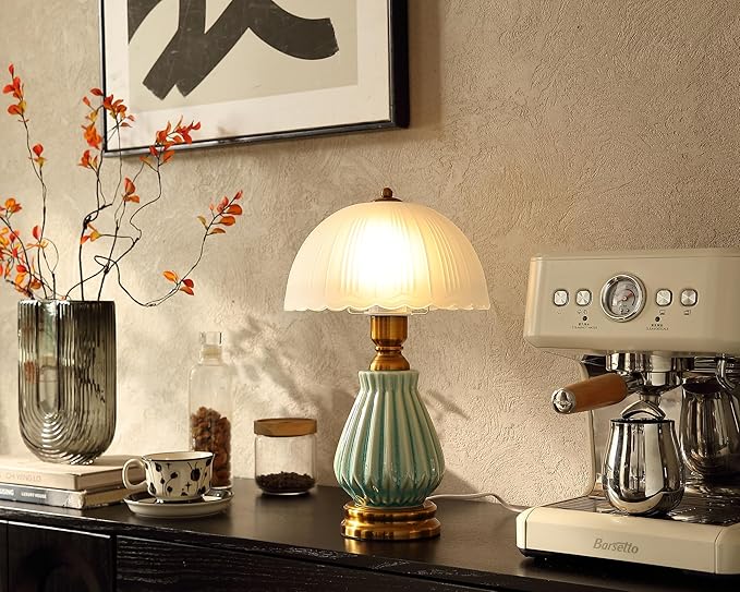 Glivpny Vintage Table Lamp for Living Room,16" Mid Century Modern Ceramic Lamps for Bedroom,Retro Bedside Nightstand Mushroom Glass Lamps, Classic Chinoiserie Green Lamp for Home Decor (LD004)