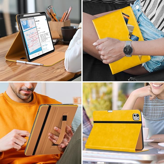 DTTO for iPad Pro 13 inch Case (M5/M4) 2025/2024, Premium Leather Business Folio Stand Cover with Pencil Holder - Auto Wake/Sleep & Multiple Viewing Angles, Built in Hand Strap & Pocket, Yellow