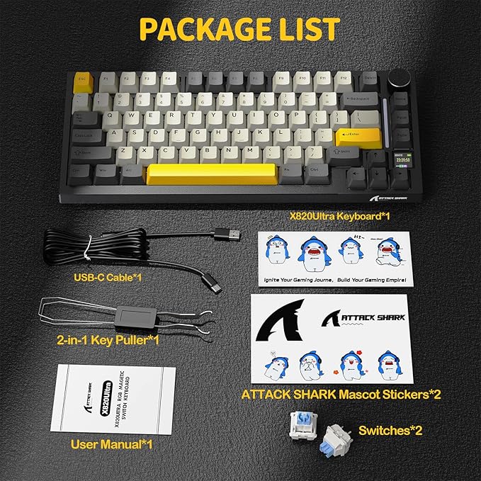ATTACK SHARK X820 Ultra 75% Wireless Gaming Mechanical Keyboard Hot-Swappable Gasket Mount RGB Backlit BT/2.4G/Wired Custom Keyboard with Smart TFT Display&Knob QMK Driver-Star Black&Shark Switch