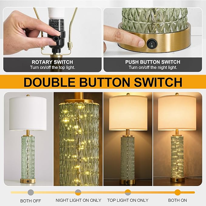 Oneach 27.75" Modern Table Lamps Set of 2, Green Bedside Lamp with Glass Nightlight, USB A+C, Unique Desk Lamps for Living Room, Bedroom, Nightstand, End Table (2 Bulbs Included)