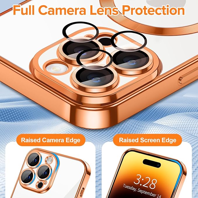 Hython Magnetic Clear for iPhone 14 Pro Case with Camera Lens Protector [Compatible with MagSafe] Luxury Plating Edge Slim Soft TPU Cover Protective Phone Case for iPhone 14 Pro 6.1", Orange