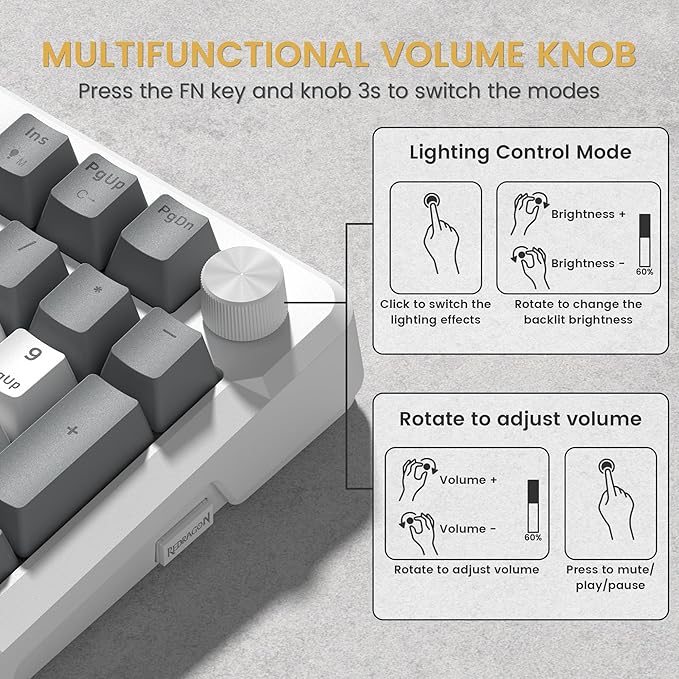 Redragon K742 Wireless Mechanical Gaming Keyboard with Knob, Bluetooth 5.0/2.4GHz/USB C Wired Creamy Keyboard with Number Pad for PC Computer, RGB Backlits, Hot-Swappable with Linear Switches (White)