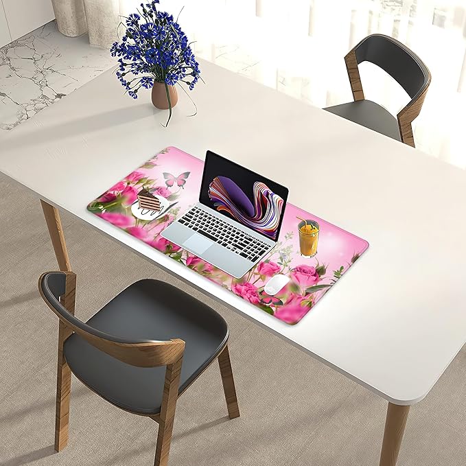 Desk Mat,Spring Pink Rose Floral Butterfly Mouse Pad Large Gaming for Desk,Non-Slip Rubber Base Mousepad,31.5x15.7 Inch for Office Home Work & Game