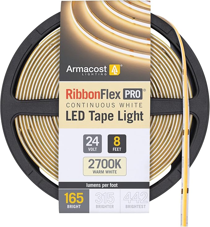Armacost Lighting RibbonFlex Pro 24V White COB LED Strip Light Tape 2700K, 165 Lumens/Ft, 2.5M 171110