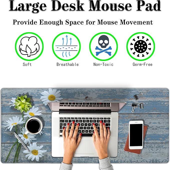 Computer Desk Mat Mouse Pad, Big Non-Slip Rubber Base Mousepad for PC, Work, Game, Office, Home - 35.4 X 15.7 Inch - Daisy Flowers on Old Wooden