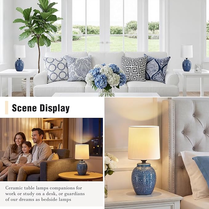 EJIAXIN Small Bedside Lamps -13.75" Farmhouse Table Lamps - Classic Ceramic Table Lamp for Bedroom, Living Room, Nightstand, Office, Side Desk Lamp, End Table
