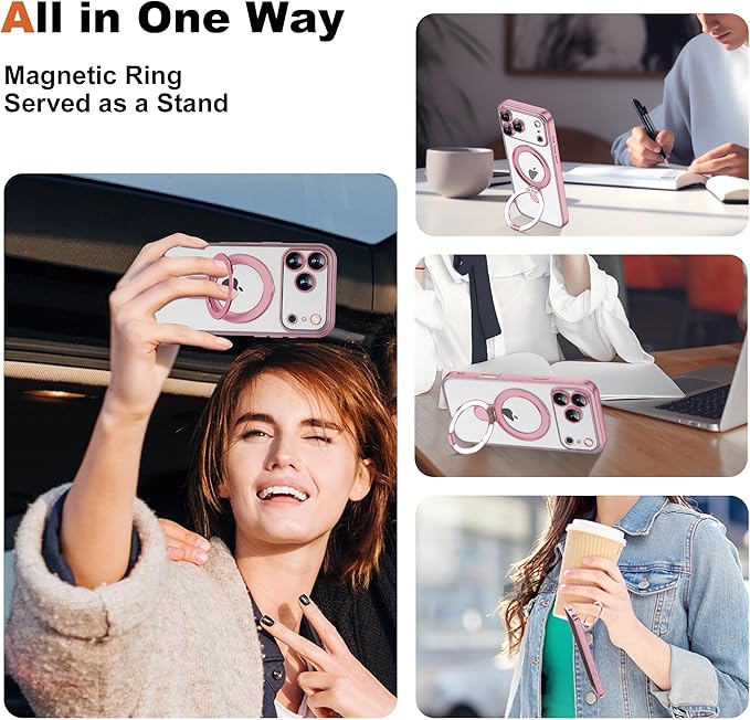 Compatible with iPhone 17 Pro Case with Invisible Magnetic Ring Stand [Compatible with Mag-Safe] [Full Camera Lens Protector] Plating Clear Phone Case for iPhone 17 Pro 6.3", Pink