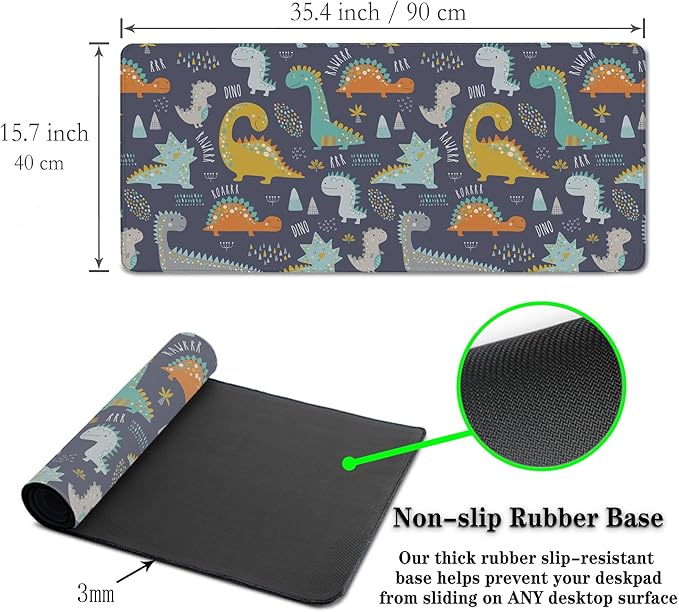 Computer Desk Mat Yellow, Gaming Mouse Pads Desk Mouse Pad, Desktop Computer Mat Non-Slip Rubber Base Waterproof with Stitched Edges, 35.4 X 15.7 inch for Work/Game/Office/Home Dinosaur