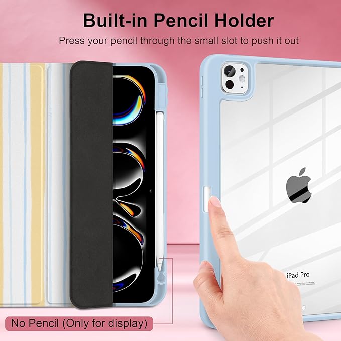 Case for iPad Pro 13 Inch (M5 2025 M4 2024) – [Built-in Pencil Holder], Shockproof & Stylish, Clear Hard Back + Soft TPU Edge, Magnetic Trifold Stand, Auto Wake/Sleep, Watercolor Stripes