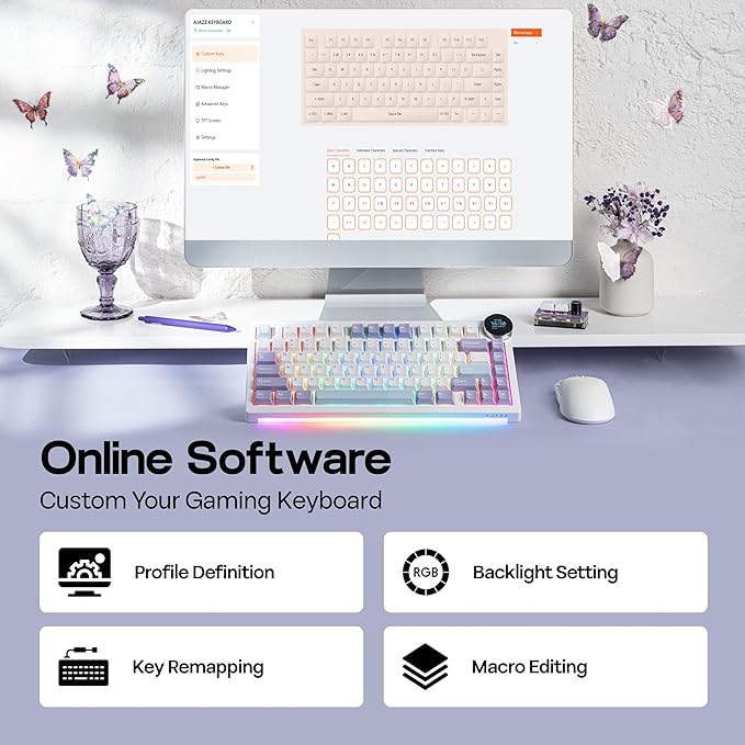 MechLands AJAZZ AK820V2 75% Wireless Gaming Keyboard with 0.9” TFT Display Screen & Knob, Gasket Mechanical Creamy Keyboard with 10000mAh Battery, Hot Swappable, RGB for Win/Mac (White Purple)