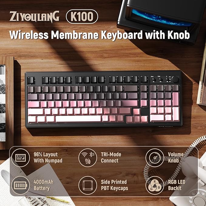 ZIYOU LANG K100 Wireless Gaming Keyboard,99 Keys Tri-Mode BT/2.4GHz/USB-C Creamy Color Keyboard with Number Pad RGB,Media Knob Custom Programmable Computer Keyboards for PC/Mac/Xbox (Pink)
