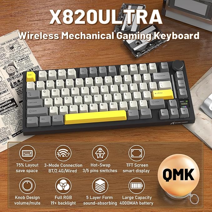 A.JAZZ Attack Shark X820Ultra 75% Wireless Mechanical Gaming Keyboard and Coiled Cable Hot Swappable 2.4GHz/Bluetooth/Wired Keyboard with Screen & Knob RGB Backlit Gasket Mount Shark Switch-Starblack