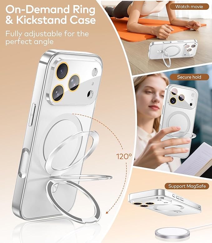 TOBOVON Magnetic for iPhone 17 Pro Case with Ring Stand, Fits MagSafe, with Built-in Camera Cover, Slim Electroplated Shockproof Phone Case, Silver