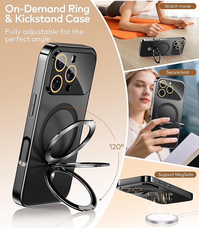 TOBOVON Magnetic for iPhone 16 Pro Case with Ring Stand, Fits MagSafe, with Built-in Camera Lens Protector, Slim Electroplated Shockproof Phone Cover, Black