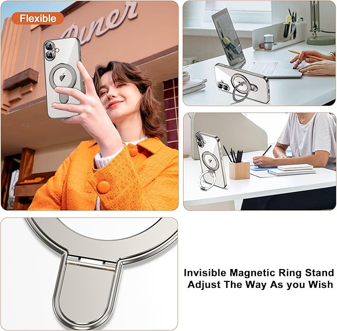 Compatible with iPhone 16 Plus Case with Invisible Magnetic Ring Stand [Compatible with Mag-Safe] [Full Camera Lens Protector] Plating Clear Phone Case for iPhone 16 Plus 6.7", Grey
