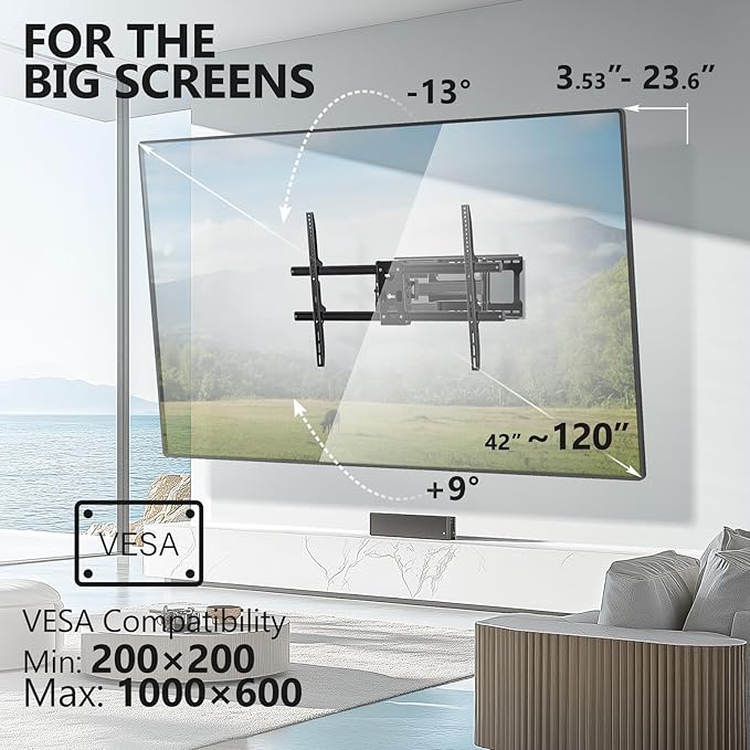 WALI Heavy Duty Full Motion TV Wall Mount Bracket for Extra Large TVs,Holds up to 220Ibs, Swivel Tilt Rotatable,Max Mounting Holes 1000x600, Fits 65 75 85 100 120 inch LED/LCD/OLED 4K/8K on Wood Stud