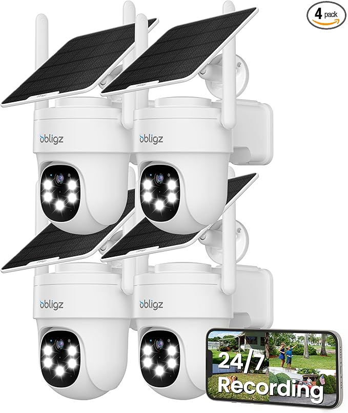 Solar Camera Security Outdoor - AOV 24/7 Recording Security Cameras Wireless Outdoor with 360° View, Human Auto Tracking, 2K Night Vision, Compatible with Alexa/Google Assistant (4 Pack)