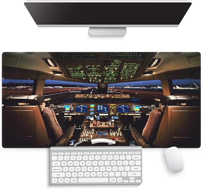 Large Gaming Mouse Pad (31.5" x 15.8") - Airplane Cockpit, Aircraft Flight Deck Design for Boeing 777 Enthusiast XXL Office Accessories, Premium Stitched Anti-Slip Office Desk Mat