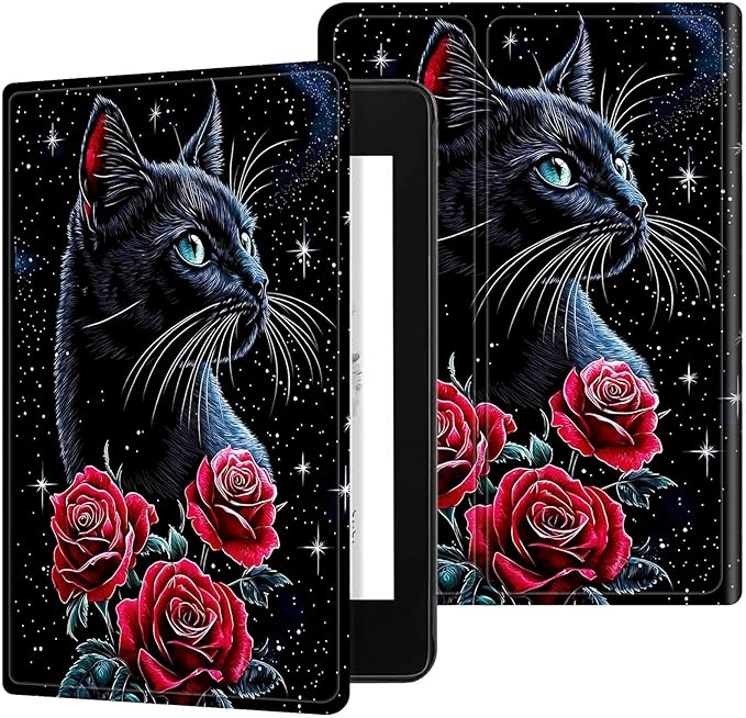 for Case for 6" Kindle 10th Generation 2019 Release (Model No J9G29R) E-Reader Case, Slim Kickstand Stand Leather Smart Cover with Auto Wake/Sleep, Red Rose Cat Black