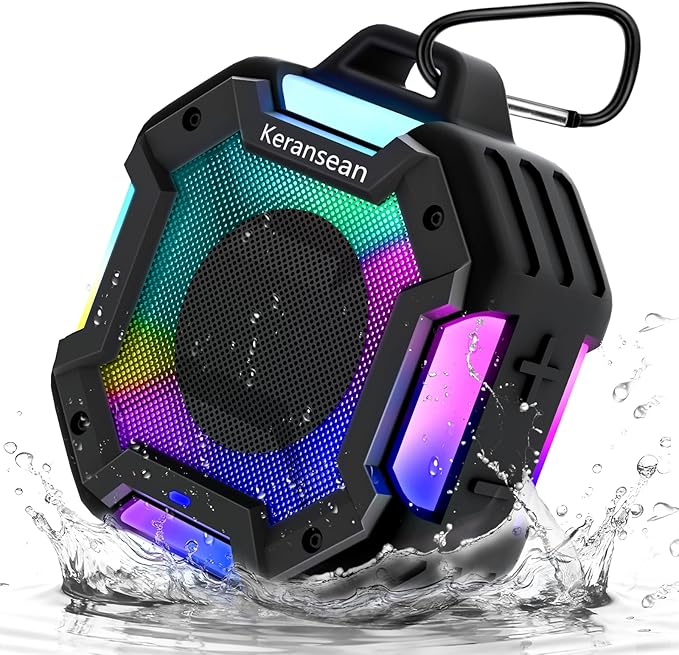 Shower Speaker Bluetooth 5.4, IPX7 Waterproof Portable Bluetooth Speakers with LED Lights, 24H Playtime, TWS Pairing for Dual Stereo Sound, Detachable carabiner for Outdoor Pool Beach Gift -Black