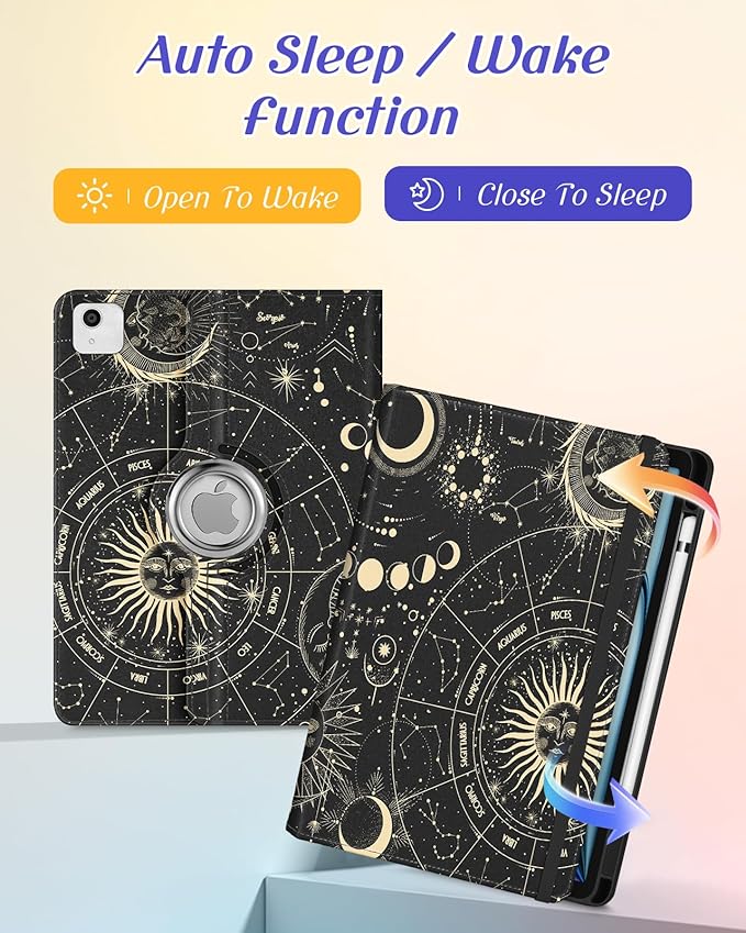 Kidcube for iPad Air 11 Inch Case M3/M2, Air 5th/4th Generation Cases 10.9'', Pro 11'' 2020 - Women Girl Aesthetic Cute Rotating Stand Folio Cover with Pencil Holder & Card Slot Girly Sun Moon Stars