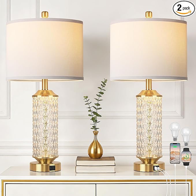 QiMH Gold Lamps for Living Room with LED Night Light,26" Modern Beside Lamps Set of 2 with Linen Shade & USB A+C Ports,Glass Table Lamps for Bedroom, Nightstand, Office, Home Decor(2 Blubs Included)