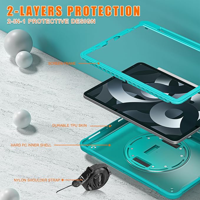Batianda Case for iPad Pro 11-inch 2022 4th M2 Chip /2021 (3rd Generation) Heavy Duty Rugged Shockproof Tablet Cover with 360° Rotating Hand Strap Foldable Hidden Stand & Shoulder Strap, Blue