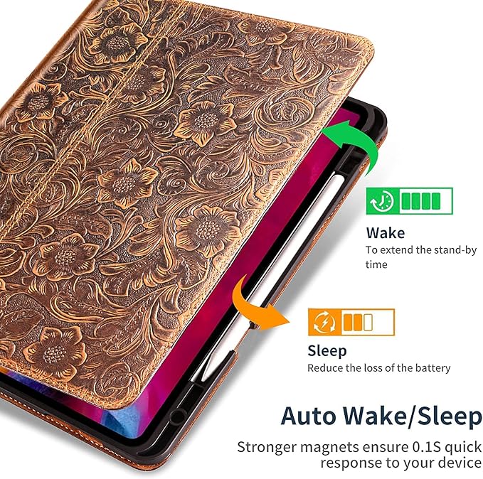 Gexmil Genuine Leather Case for iPad Pro 11 Inch (M5/M4) 2025/2024 with Pencil Holder,Protective Shockproof Leather Smart Folio Cover Adjustable Stand Auto Sleep/Wake Anti-Slip, Flower Brown