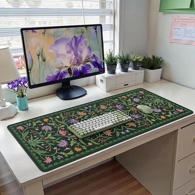 HAOCOO Moss Green Aesthetic Desk Matt for Desktop, Cute Mouse Pad, Non-Slip Vintage Keyboard Mat with Stitched Edge, Large Desk Docer Mat, Desk Cover for Home, Office