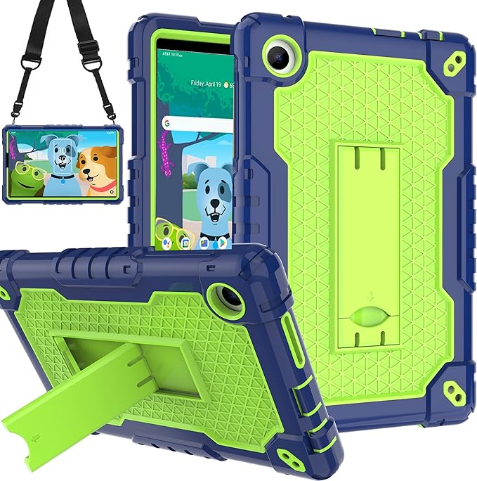 Case for for AT&T Amigo Jr. Tab 8 inch Tablet 9136K - with 2PCS Screen Protector,[Built-in Kickstand] Anti Slip Kids Friendly Shockproof Silicone Protective Cover (Navy/Green+2 PCS Glass)
