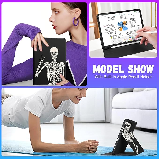 Uppuppy for iPad Air 13 Inch M2/M3, Pro 12.9 Case - Cute Women Boy Men Teens Skeleton Pencil Holder Folio Cover for Apple Air 13" 2024/2025, Pro 6th/5th/4th/3rd Generation Case