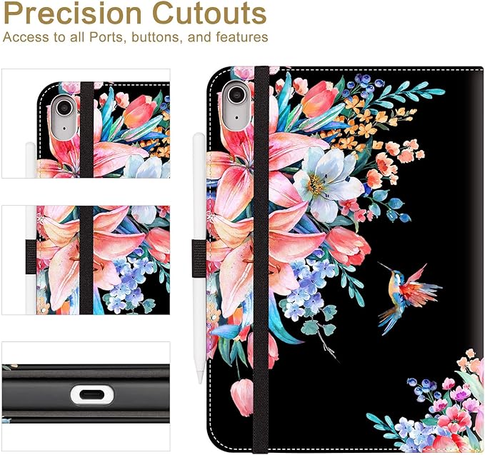 Vimorco Case for iPad (A16) 11th Generation 2025, for iPad 11th/10th Generation Case, Pencil Holder&Handle Strap&Pocket, Multiple Stand Protector PU Leather Shell Cover, Black Flower Hummingbird
