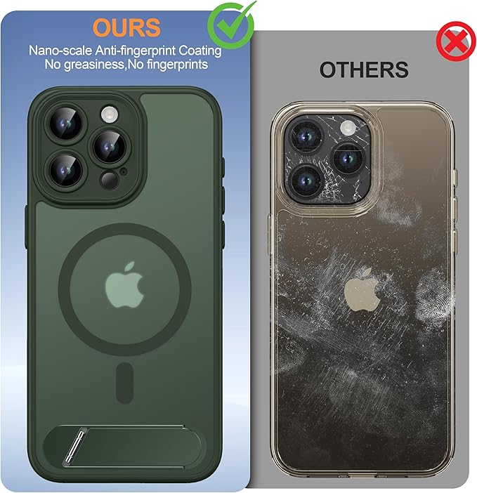 Magnetic Compatible with iPhone 15 Pro Max Case, [Built-in Kickstand][Full Camera Protection][Compatible with MagSafe][Anti-Fingerprint] Shockproof Phone Case for iPhone 15 Pro Max 6.7",Green