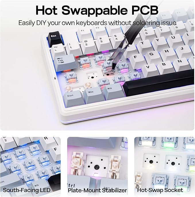 MechLands Aula F87 PRO V2 Wireless Gaming Keyboard with 10000mAh Battery, 8K Polling, SOCD/MT/TGL, BT/2.4GHz/Wired, Hot Swap TKL Mechanical Keyboard with Creamy Gasket, RGB Backlit (White Blue)