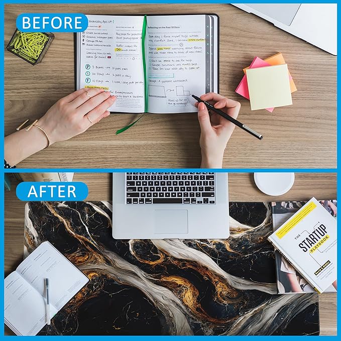 Golden Black Marble Large Gaming Mouse Pad,Waterproof Desk Mat for Desktop,Non-Slip Rubber Base Mousepad with Stitched Edges for Laptop Office and Home 35.4X15.7 Inch