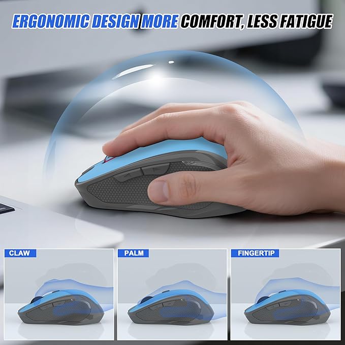Wireless Bluetooth Mouse for iPad Pro MacBook, Ergonomic Rechargeable Mice with Jiggler Mode, 2-Mode Bluetooth 5.2/3.0 & 2.4G USB-A/USB-C Receiver, Silent Optical Mouse for Mac PC Laptop, Blue