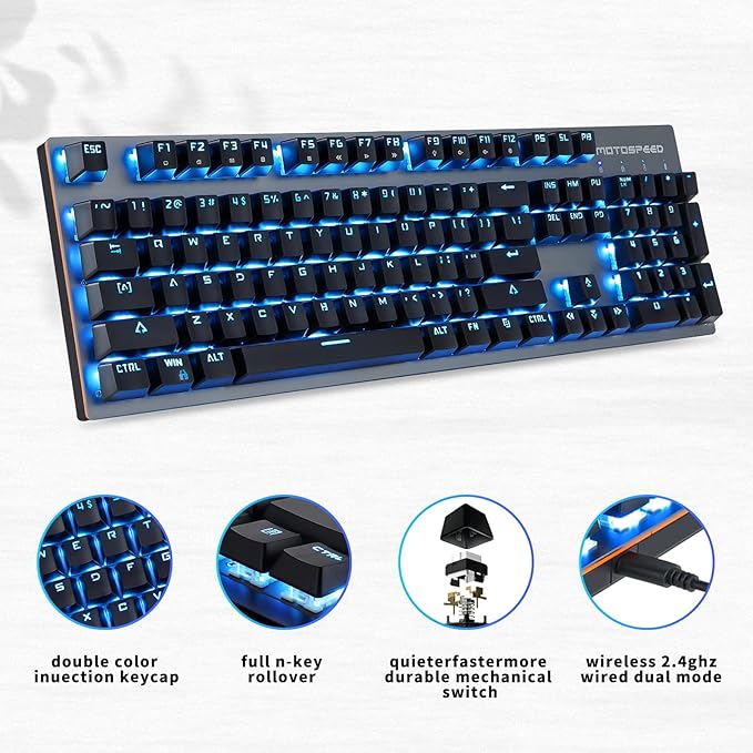 MOTOSPEED 2.4GHz Wireless/USB Wired Mechanical Keyboard 104Keys Led Backlit Brown Switches Gaming Keyboard for Gaming and Typing,Compatible for Mac/PC/Laptop