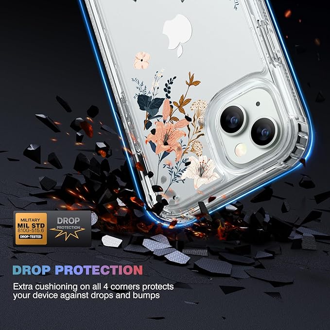 Diaclara Designed for iPhone 15 Case, Full Body Rugged Case with Built-in Touch Sensitive Anti-Scratch Screen Protector, with Camera Lens Protector for iPhone 15 6.1" (Lily) Butterfly