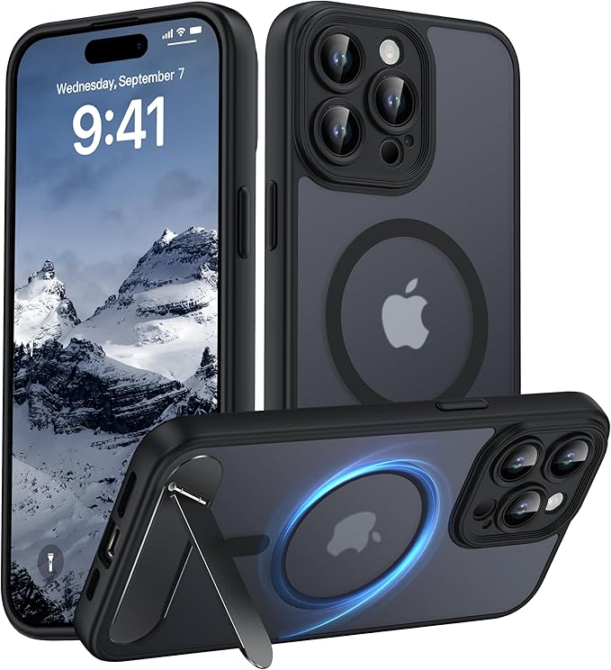 Magnetic Compatible with iPhone 15 Pro Max Case, [Built-in Kickstand][Full Camera Protection][Compatible with MagSafe][Anti-Fingerprint] Shockproof Phone Case for iPhone 15 Pro Max 6.7",Black
