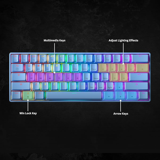 GK61 Mechanical Gaming Keyboard - 61 Keys Multi Color RGB Illuminated LED Backlit Wired Programmable for PC/Mac Gamer (Gateron Optical Brown, Blue)