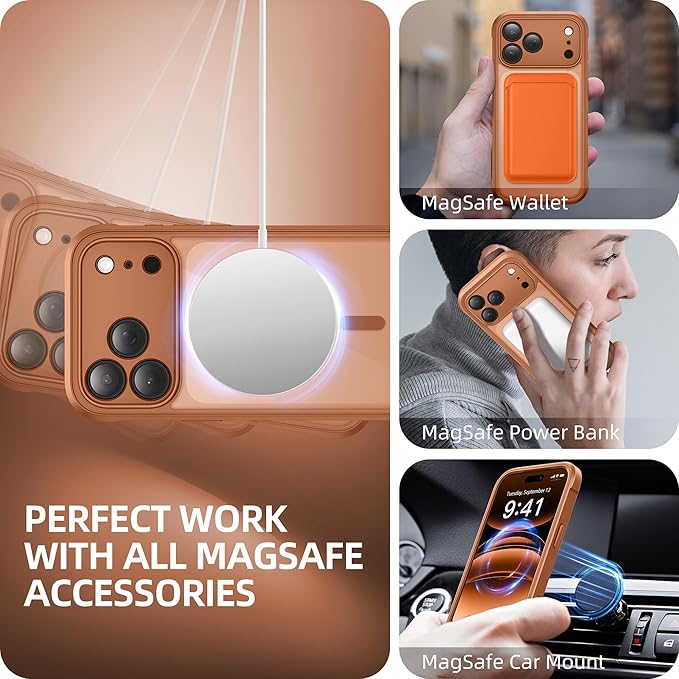 BERFY for iPhone 17 Pro Case, Compatible with MagSafe, Built-in Glass Screen Protector, Camera Protection, Shockproof Full Body Phone case 6.3", Clear Dark Orange