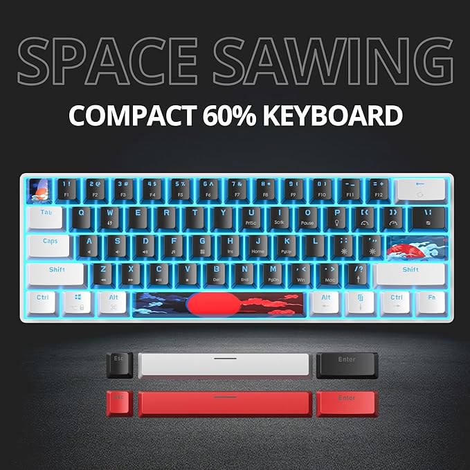 Protable 60% Percent Gaming Keyboard Mechanical, Mini Compact Ice-Blue LED Backlit 61 Keys Wired Office Keyboard with Red Switch for Mac/Win/PS4/PS5(61Black/red Switch)