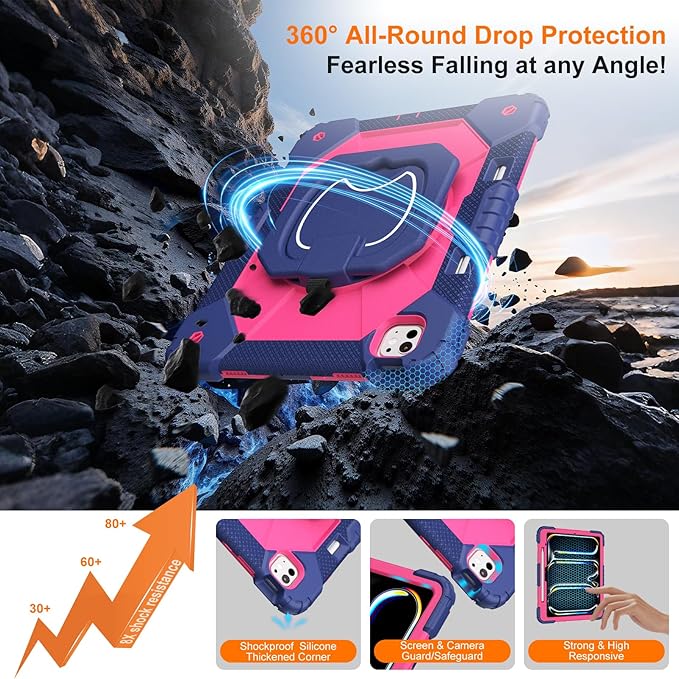 Case for iPad Pro 13 Inch M5 2025/ M4 2024, Ubearkk for iPad Pro 13 Inch case with Screen Protector, 360 Degree Rotating Stand Shoulder Strap Pencil Holder,Military Grade Shockproof, Navy Pink