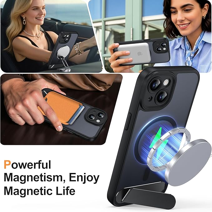 Magnetic Compatible with iPhone 15 Case, [Built-in Invisible Kickstand][Compatible with MagSafe][Full Camera Protection] Translucent Matte Phone Case for iPhone 15 6.1" Black