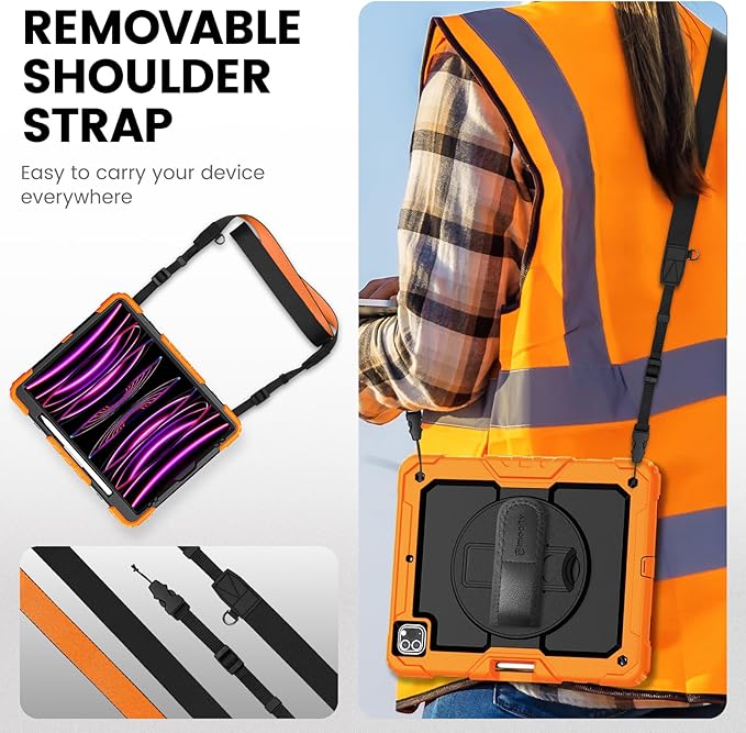 Timecity for iPad Pro 12.9 Case 6th/5th/4th/3rd Gen, 360° Rotating Stand, Pencil Holder & Wireless Charging, Shockproof with Screen Protector & Shoulder Strap - for Designers & Professionals - Orange